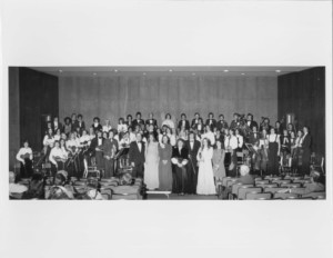 First Concerto Concert on January 31, 1976 at 3:00 PM at Duquesne University Recital Hall. Left to right: Bernard Goldberg, Music Director; Robin Avery and Kate Spurrier (piano); Jill Wrenn, Dan and Karen Carney (violin) and Terri Carothers (clarinet).