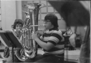 1975 Fall Rehearsal. Left to right, Paul Hammaker and Jeff Martin (tuba)